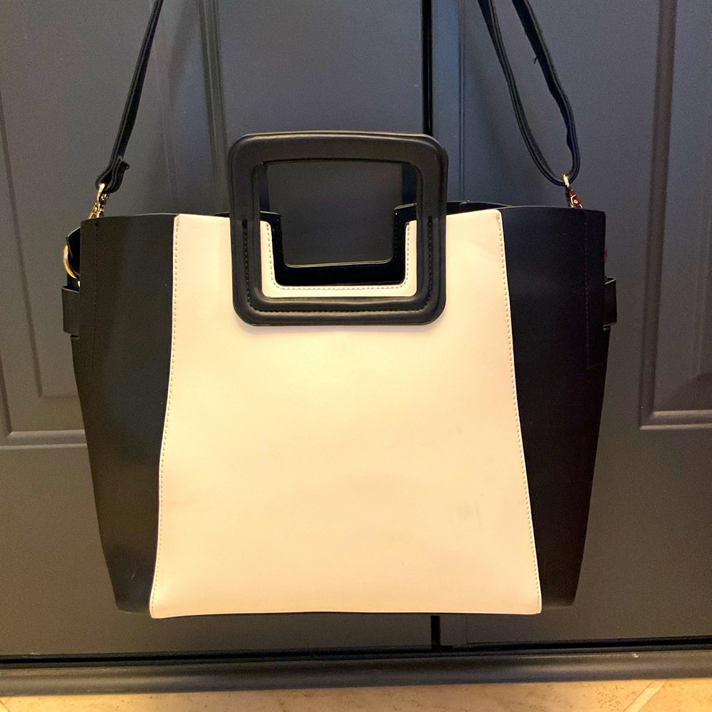 Black & White Colorblock Women's Satchel Top Handle Bag Zip Detachable Strap